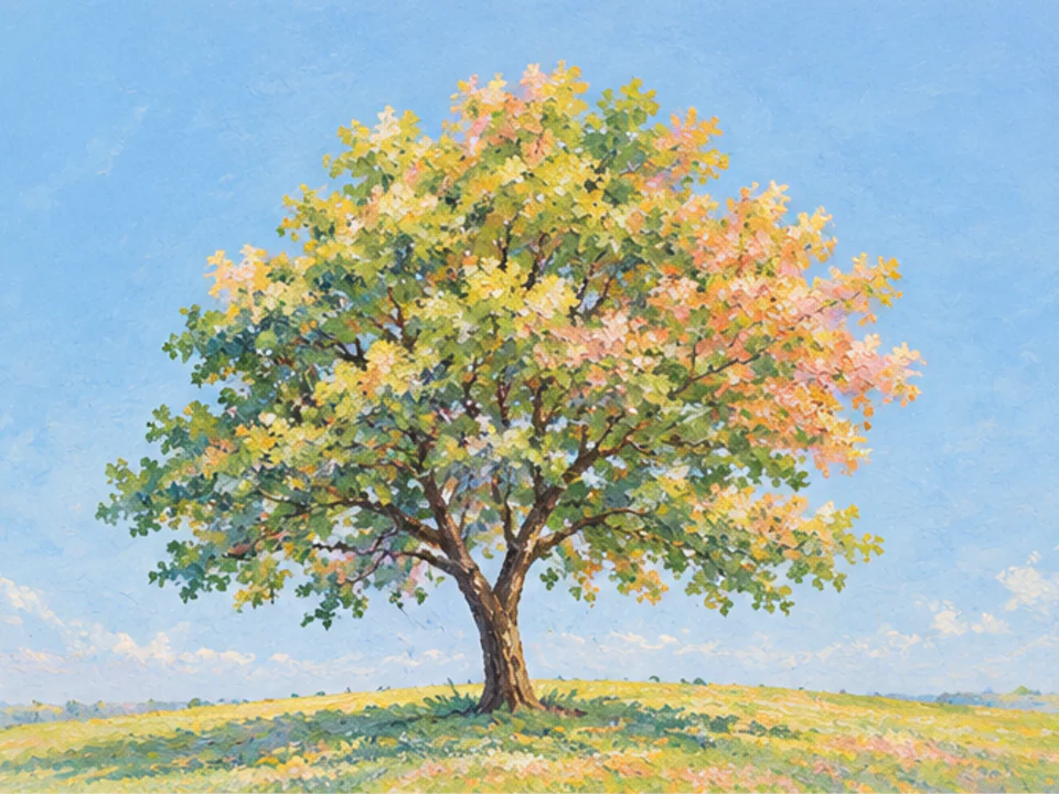 A painted tree standing alone on open ground, its full canopy against a wide blue sky.
