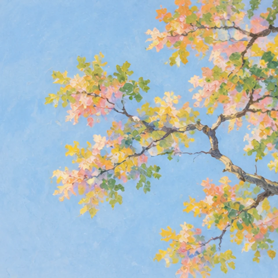 A painted branch reaching in from the right across an open blue sky.