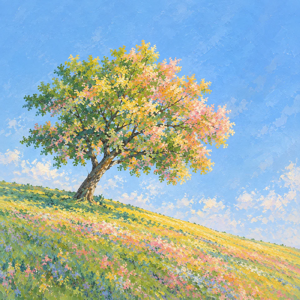 A painted tree on a flowering hillside, the slope running out of frame under a wide blue sky.